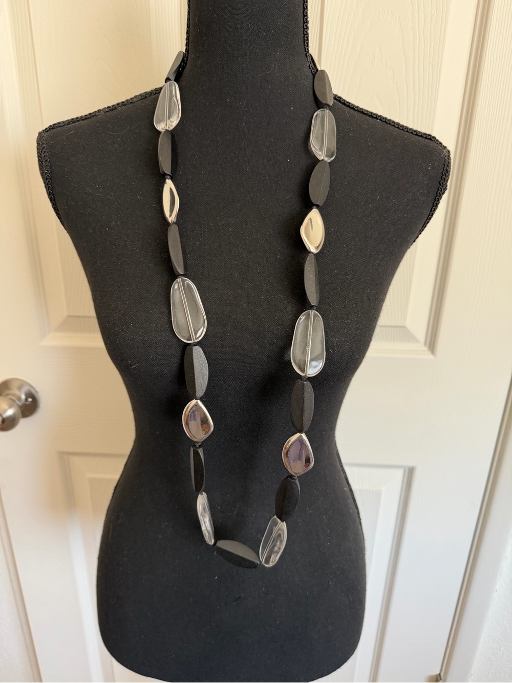 Chico’s Long Black wooden and Silver tone mixed Bead Statement Necklace